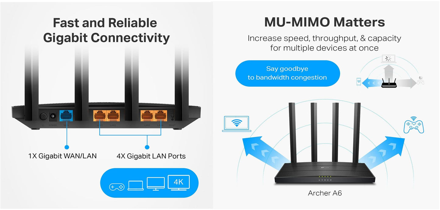TP-Link AC1200 Gigabit WiFi Router (Archer A6 V3) - Dual Band MU-MIMO Wireless Internet Router, 4 x Antennas, OneMesh and AP mode, Long Range Coverage