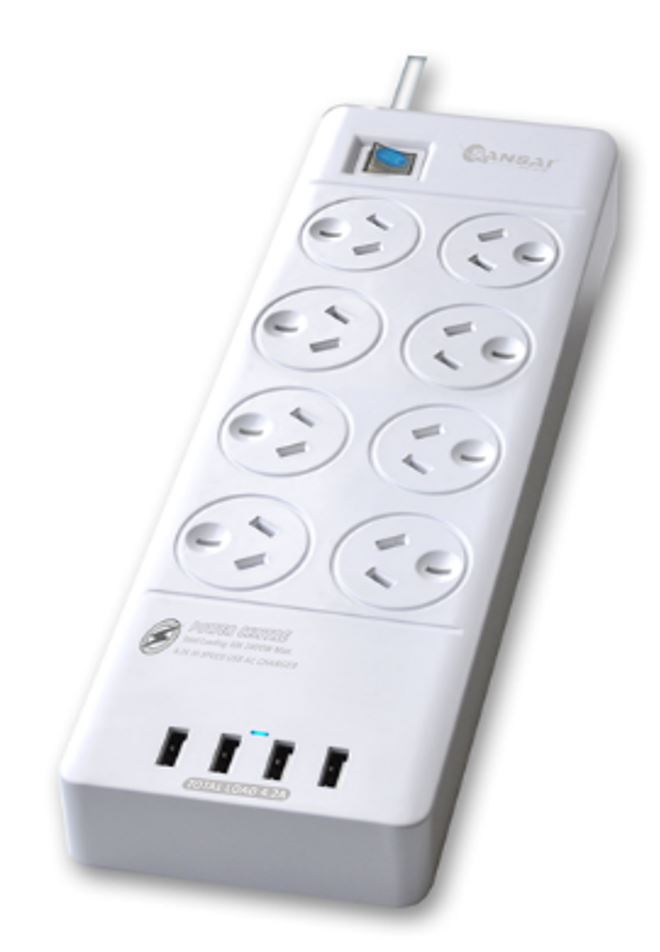 Sansai 8 Way Surge Powerboard with 4 x USB Charging Ports