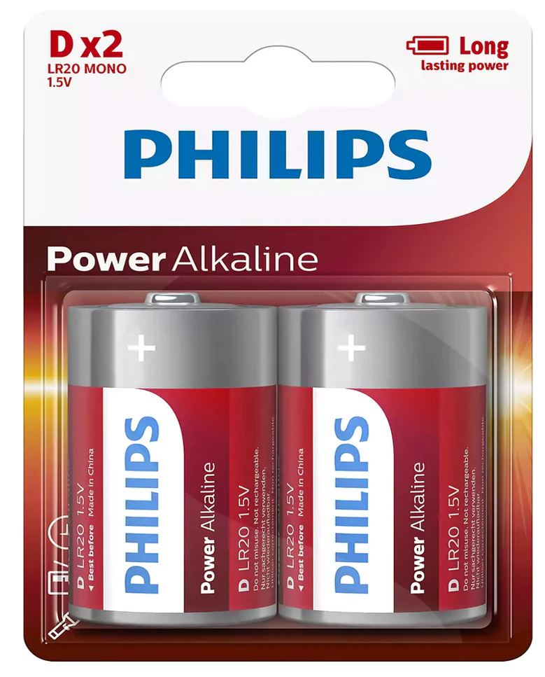 Philips Power Alkaline 2 Pack D Battery