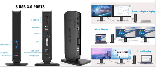 USB 3.0 Universal Laptop Docking Station, Acodot Dual Monitor Dock for Windows, Mac OS, Surface Pro & Surface Laptop, with Dual HDMI and DVI/VGA, 6 USB 3.0 Ports, Gigabit Ethernet, Audio