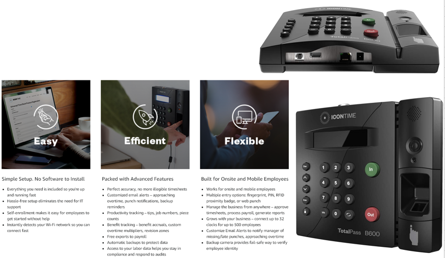 TotalPass B600 Biometric Fingerprint Employee Time Clock | 100% Identity Verification on Every Punch | Connect via USB,
