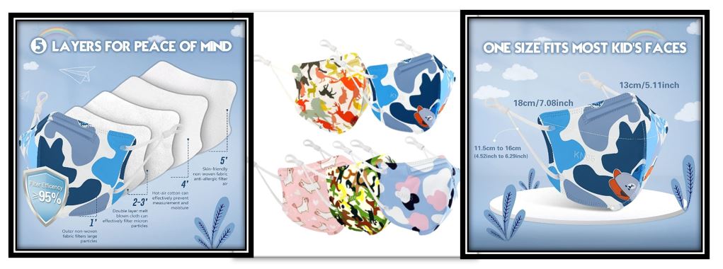 Kid KN95 Face Mask 50 Pack, 5-Layers Breathable KN95 Masks, Animal Print