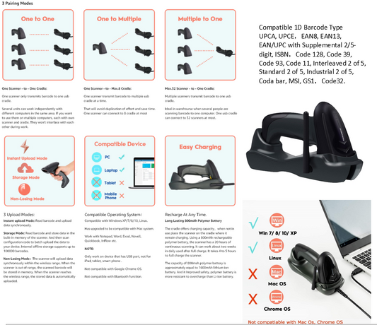 NADAMOO Wireless Barcode Scanner with USB Cradle Charging Base 328Ft Long Transmission Handheld 1D Cordless Laser