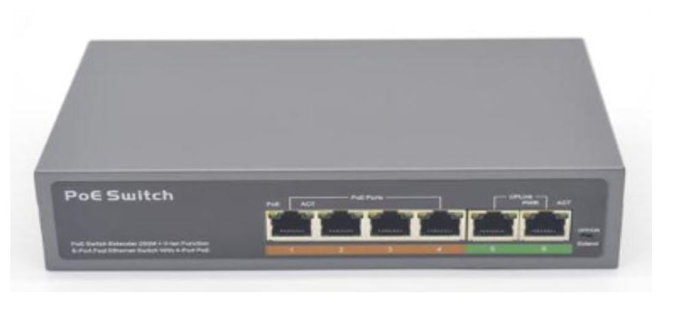 4ch POE + 2 Uplink 10/100Mbps RJ45 ports(1-4)1ch 10/100MbpsRJ45 port(5th)