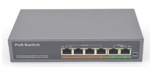 4ch POE + 2 Uplink 10/100Mbps RJ45 ports(1-4)1ch 10/100MbpsRJ45 port(5th)