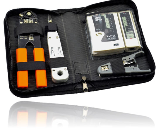 GOLDTOOL 4 Piece Network Tool Kit. Includes Low Impact Insertion Tool Modular Crimping Tool Universal Cable Stripper & Cutter LAN Cable Tester.