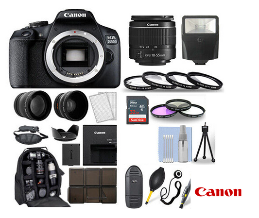 Canon EOS 2000D / Rebel T7 DSLR Camera with EF-S 18-55mm Zoom Lens + SanDisk 32GB Memory Card + Tripod + Case + Wideangle Lenses + Rtech Digital Cloth Black