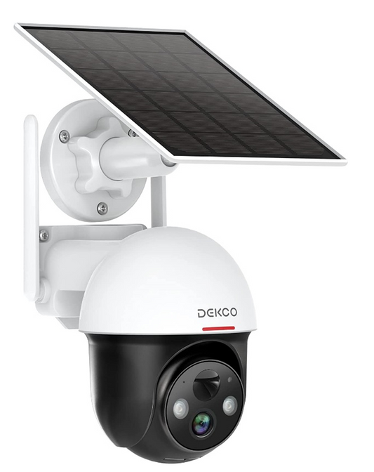 DEKCO Security Camera Wireless Outdoor, Solar Powered 2.4G WiFi 360° View Pan Tilt Strobe Light/ Spotlight Home Security System with Motion Detection and Siren, Two-Way Audio, IP65, Clear Night Vision