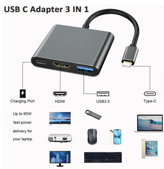 GAMELITE USB C to HDMI Adapter, 3-in-1 USB-C/Type C to HDMI 4K Video Converter, USB C Hub with USB 3.0 Port /USBC Fast Charging Port, HDMI Dock with Multiport Compatible with MacBook Pro MacBook Air