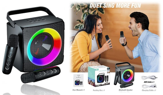 YLL Karaoke Machine for Kids Adults, Portable Bluetooth Speaker with 2 Wireless Microphones - Party Lights - Gifts for Girls Boys Family,Birthday,Home Party,Meeting-Black