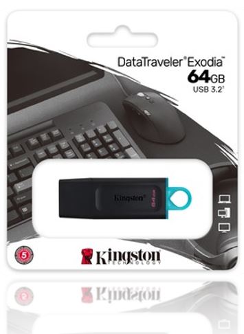 Kingston DataTraveler Exodia 64GB USB 3.2 (Gen 1) Flash Drive - 64 GB - USB 3.2 (Gen 1) - Black, Teal