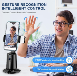 Auto Face Tracking Tripod 360° Rotating Cell Phone Photo and Video Kits Stand, No App, Camera Stand with Remote and Gesture Control, Rechargeable Smart Shooting Stand for Live Recording TiktokBlack