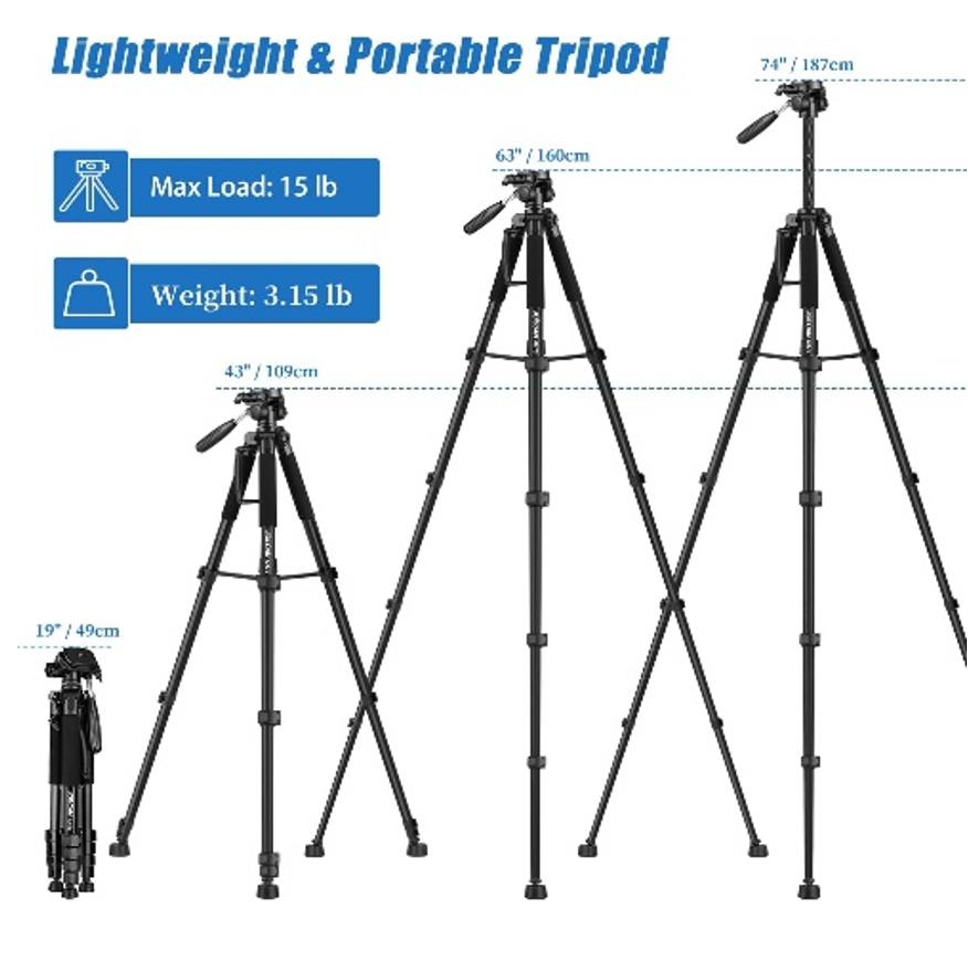 Tripod Camera Tripods, 74" Tripod for Camera Cell Phone Video Photography, Heavy Duty Tall Camera Stand Tripod, Professional Travel DSLR Tripods Compatible with Canon Nikon iPhone, Max Load 15 LB