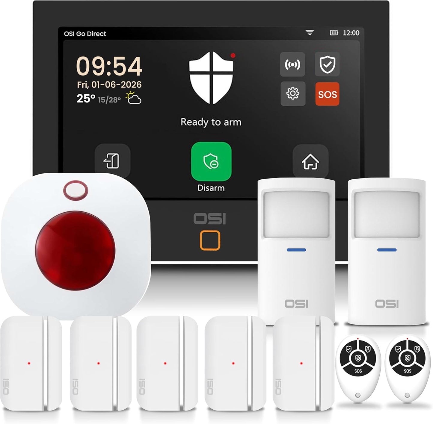 OSI Alarm System for Home Security (Gen 2) 11 piece. DIY, Touch Screen, Motion Detection, Contact sensors, Wireless Siren, Remotes, Phone App, Compatible with Alexa
