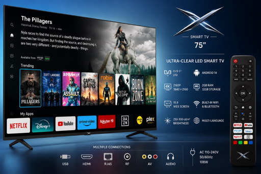 Ultra-clear LED Smart X TV 75" DVB-T2, 2160P, 3840×2160, 16:9, Brightness 250-300cd/m², Android 14, 2GB RAM / 32GB Storage, Built-in WiFi & Bluetooth, AC 110-240V