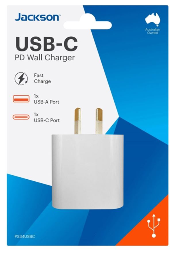 JACKSON 18W Dual Port USB Wall Charger With 1x USB-A & 1x USB-C
