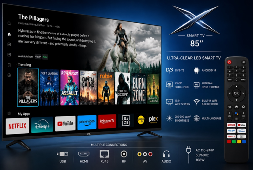 Ultra-clear LED Smart X  TV 85" DVB-T2, 2160P, 3840×2160, 16:9, Brightness 250-300cd/m², Android 14, 2GB RAM / 32GB Storage, Built-in WiFi & Bluetooth, AC 110-240V 50/60Hz 108W