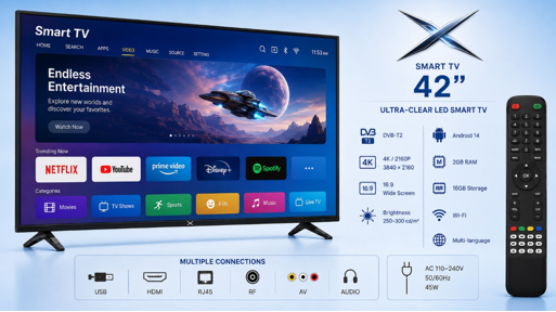 Ultra-clear LED Smart TV X 42" DVB-T2, 2160P, 3840×2160, 16:9, Brightness 250-300cd/m², Android 14, 2GB RAM /