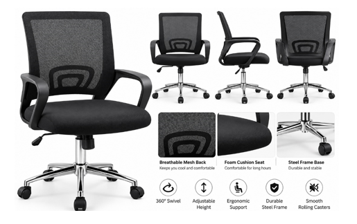 Office Swivel Chair – Mesh Back with Cushioned Seat