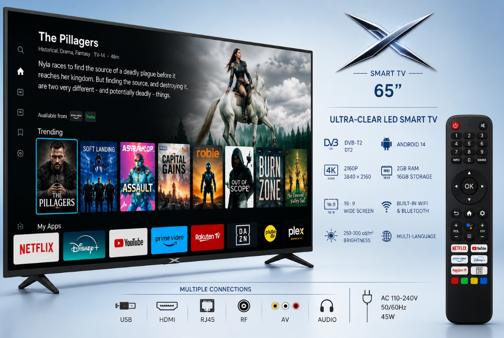 Ultra-clear LED Smart X TV 65" DVB-T2, 2160P, 3840×2160, 16:9, Brightness 250-300cd/m², Android 14, 2GB RAM / 16GB Storage, USB/HDMI/RJ45/RF/AV/WiFi/Audio, Multi-language, AC 110-240V 50/60Hz 45W