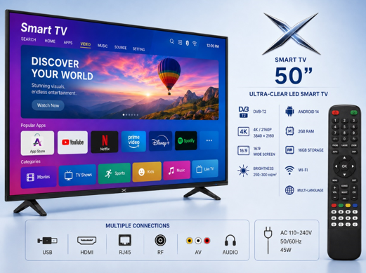 Ultra-clear LED Smart TV X 50" DVB-T2, 2160P, 3840×2160, 16:9, Brightness 250-300cd/m², Android 14, 2GB RAM / 16GB Storage, USB/HDMI/RJ45/RF/AV/WiFi/Audio, Multi-language, AC 110-240V 50/60Hz 45W