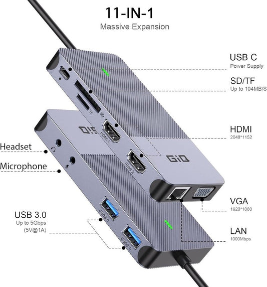 USB Docking Station GIQ USB C HUB USB 3.0 to Dual HDMI VGA Adapter Triple Display USB C Laptop Docking Station Dual Monitor HDMI Splitter Extender Compatible with MacBook M1 M2 USB Dock-Grey