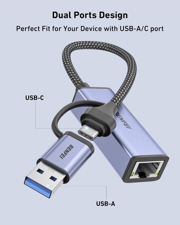 BENFEI USB 3.0 to Ethernet Adapter, USB C to RJ45 Gigabit LAN (1000Mbps) Network Adapter, Compatible with MacBook/Pro/Air, Surface Pro, Windows 11/10/8/7, Mac OS
