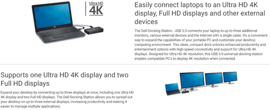 Dell D3100 USB 3.0 Triple Display Docking Station Kit - UHD 4K USB 3.0 Port Replicator D3100 - S&P - for Notebook - USB - 5 x Total USB Ports - 2 x USB 2.0 Ports - 3 x USB 3.0 Ports - Network (RJ-45) - HDMI - DisplayPort - Wired - Headphone - Microphone