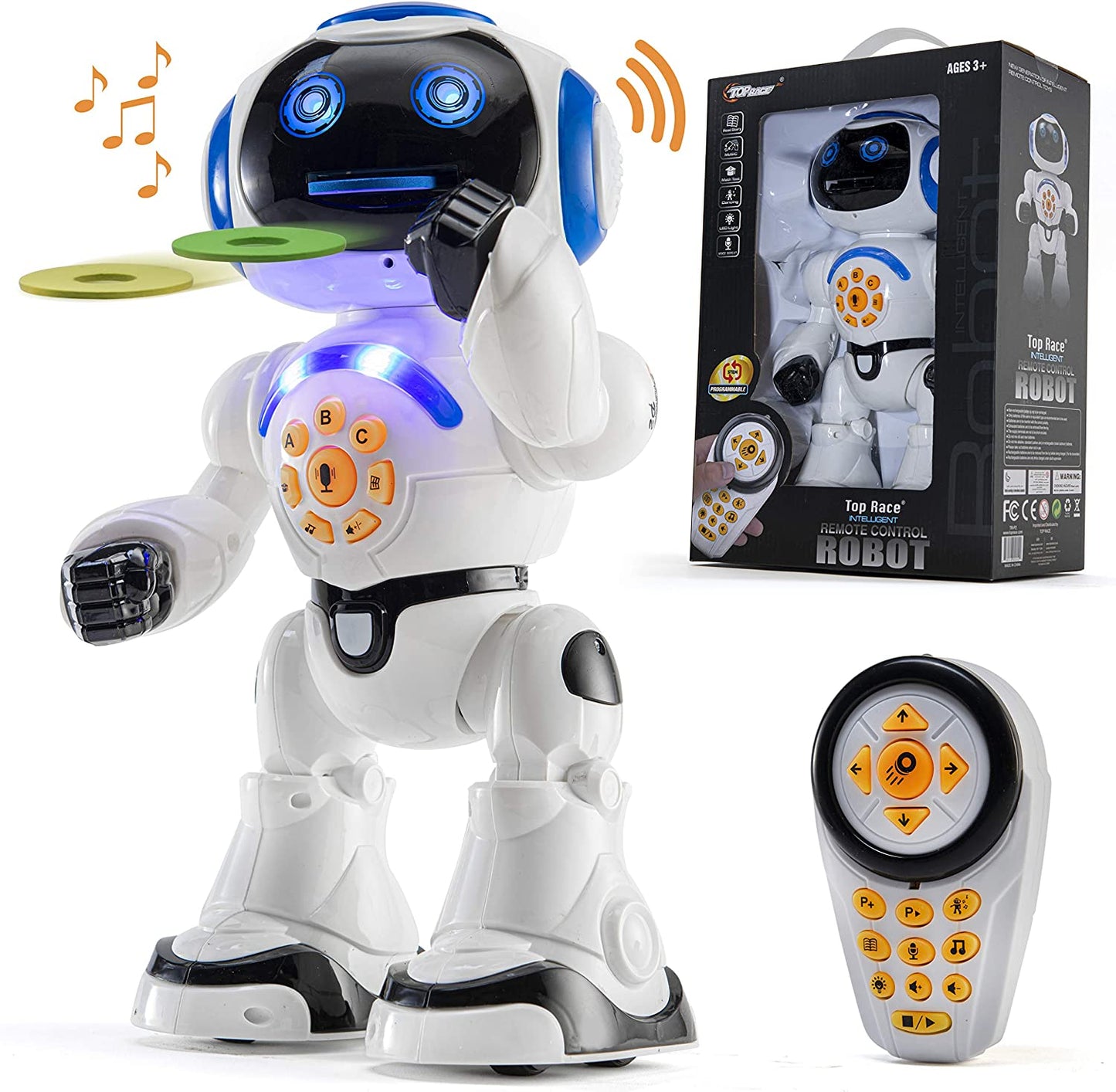 TOP RACE Remote Control RC Robot Toy Walking Talking Dancing Toy AI Robots for Kids, Sings, Reads Stories, Math Quiz, Shoots Discs, Voice Mimicking. Educational Toys for 3 4 5 6 7 8 9 Year Old Boys