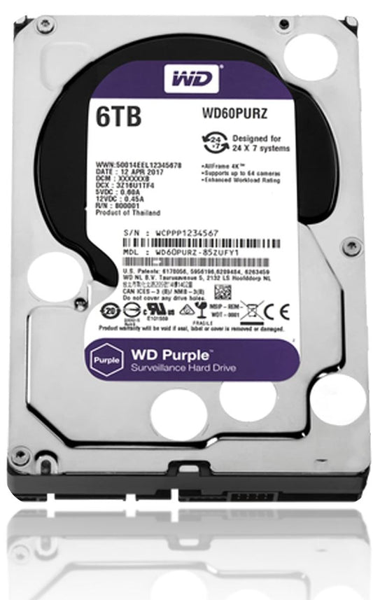Western Digital 6TB WD Purple Surveillance Internal Hard Drive HDD - 5640 RPM, SATA 6 Gb/s, 128 MB Cache, 3.5" - WD62PURZ