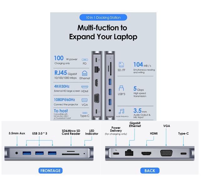 LENTION USB C Docking Station with 100W PD, 4K HDMI, VGA, Gigabit Ethernet, Card Reader, USB 3.0, Aux Adapter for MacBook Pro, New Mac Air/Surface, More, Stable Driver Certified (CB-D55, Space Gray)