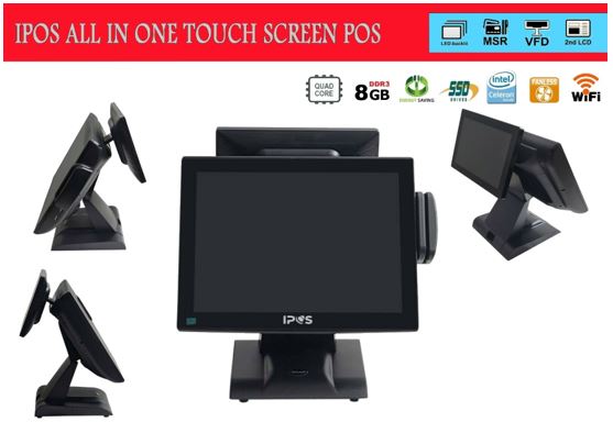 IPOS All In One Touch Screen System 8GB RAM/128GB SSD/WiFI Restaurant/Retail POS with 10.4" cutomer view