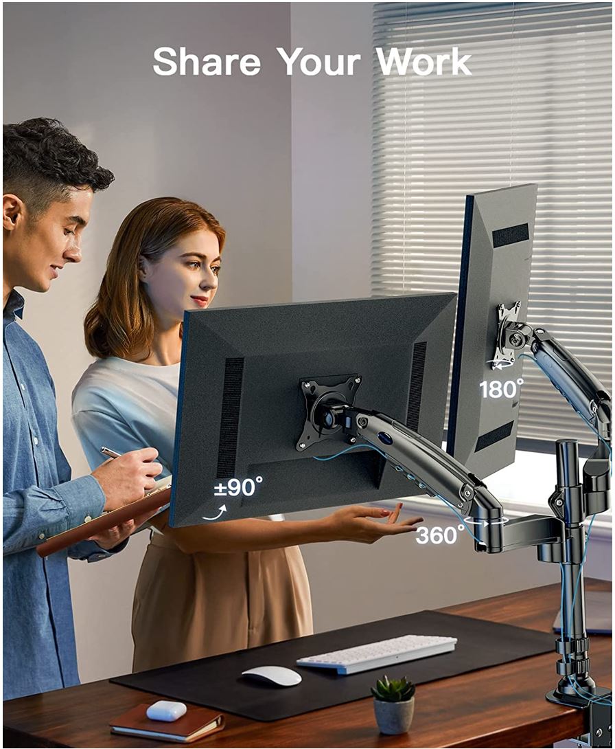 Dual Monitor Stand - Height Adjustable Gas Spring Double Arm Monitor Mount Desk Stand Fits Two 17 to 32 inch Screens with Clamp, Grommet Mounting Base, Each Arm Holds up to 19.8lbs