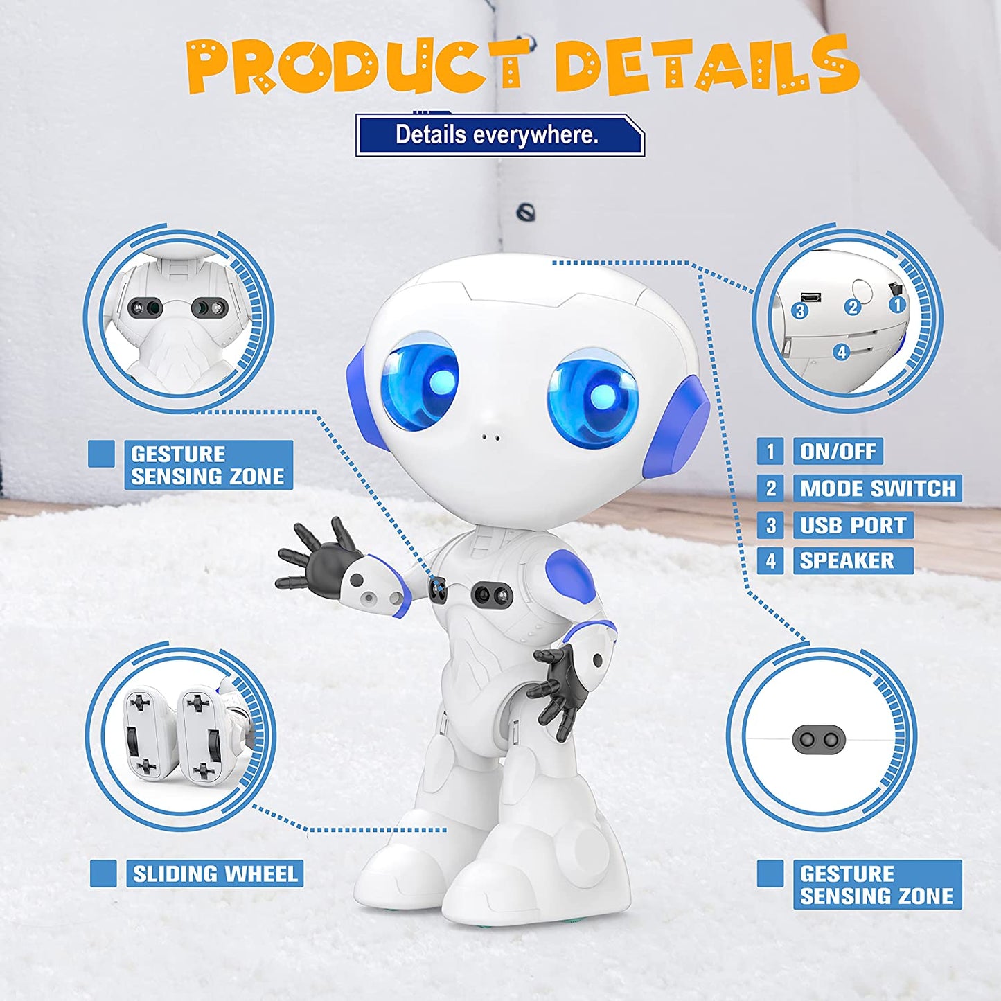Smart Robots Toy for Kids, with Talking Recording and Gesture Sensing Mini Robot Travel Toys for Stocking Stuffers Birthday Gift, Present for 3-9 Years Old Kids Boys Girls (White)