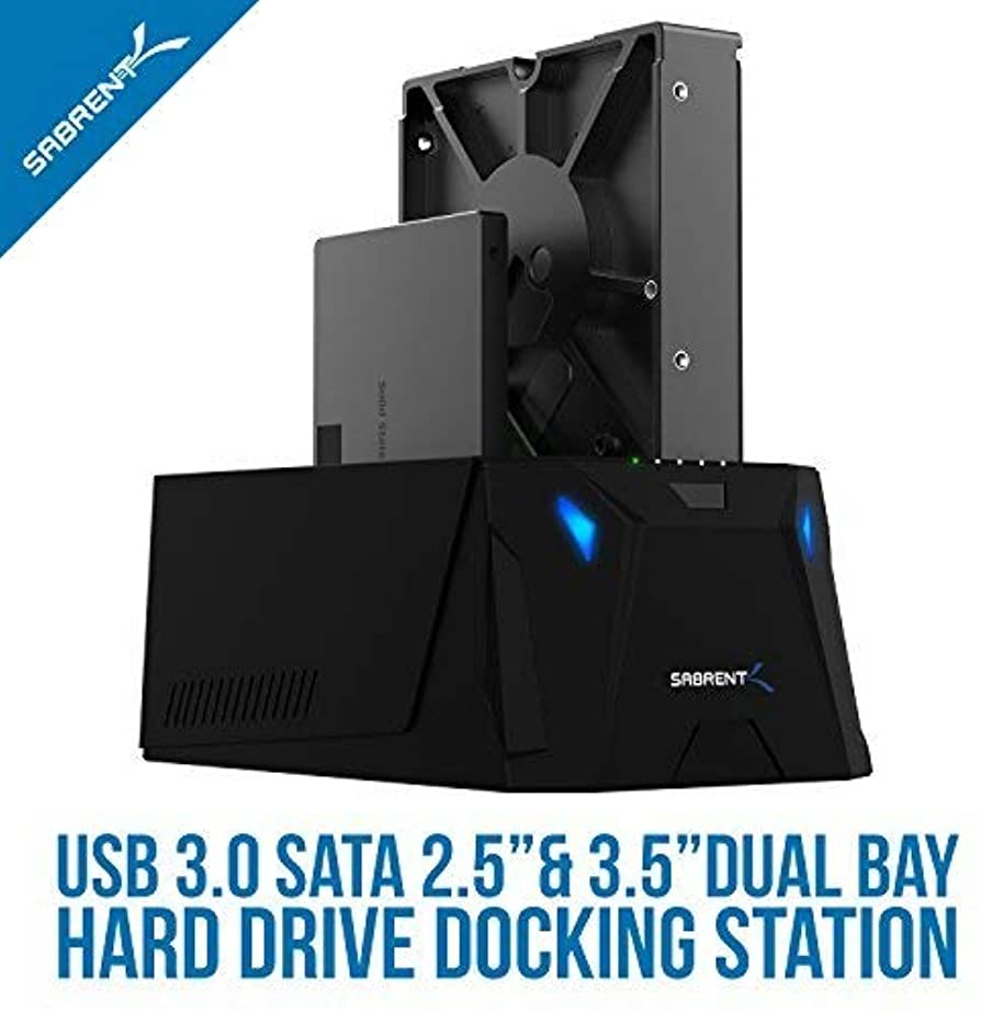 Sabrent USB 3.0 to SATA I/II/III Dual Bay External Hard Drive Docking Station for 2.5 or 3.5in HDD, SSD with Hard Drive Duplicator/Cloner Function [10TB Support] (EC-HD2B)