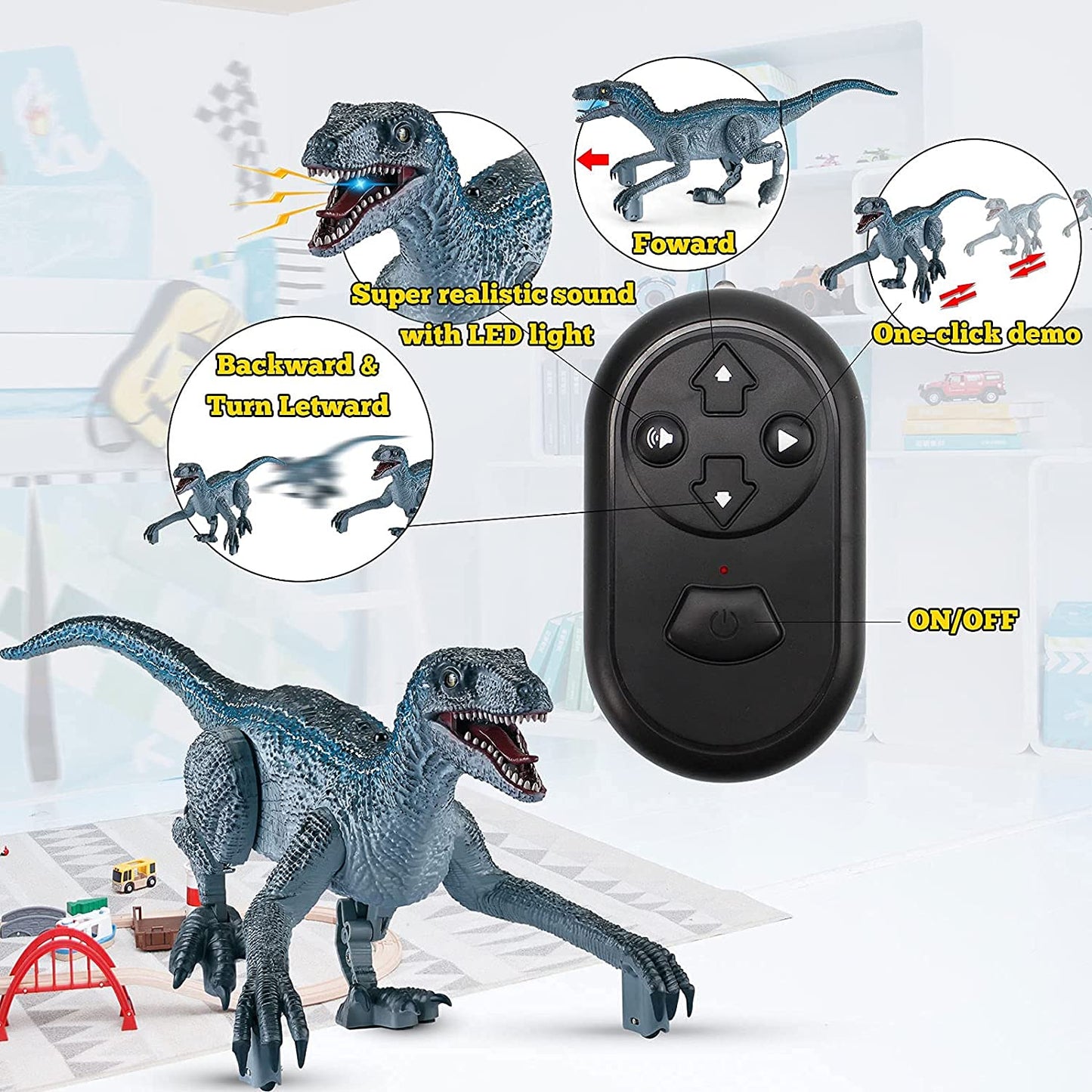 Remote Control Dinosaur Toys for Kids 4-7, Electronic Realistic Velociraptor RC Dinosaur Walking Pets Robot Dino with Lights and Roaring Sounds, Gifts for Boys Girls Age 5 8 10 12 Years Old