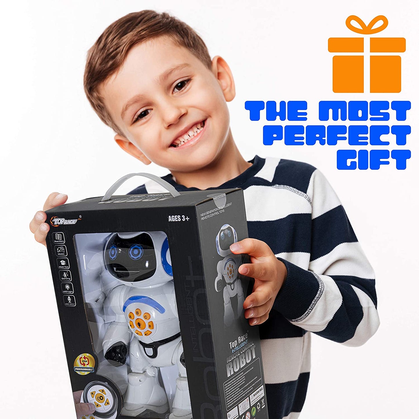 TOP RACE Remote Control RC Robot Toy Walking Talking Dancing Toy AI Robots for Kids, Sings, Reads Stories, Math Quiz, Shoots Discs, Voice Mimicking. Educational Toys for 3 4 5 6 7 8 9 Year Old Boys