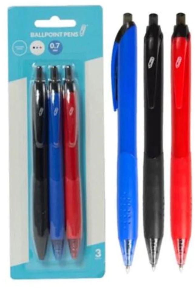 Retractable 0.7Mm Ballpoint Pens, Black/Blue/Red (3Pk)