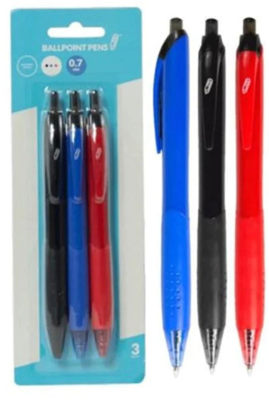 Retractable 0.7Mm Ballpoint Pens, Black/Blue/Red (3Pk)