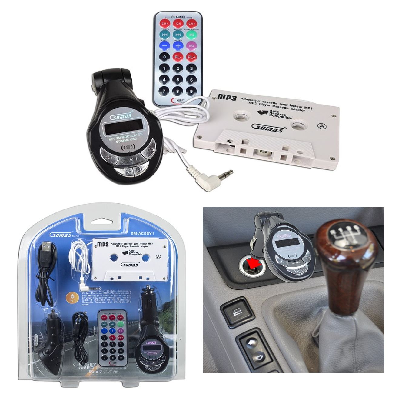 Sumas SM-AC6BY1 6-in-1 Accessory Kit for MP3/iPod w/Cassette Adapter, USB Charger, FM Transmitter & More!