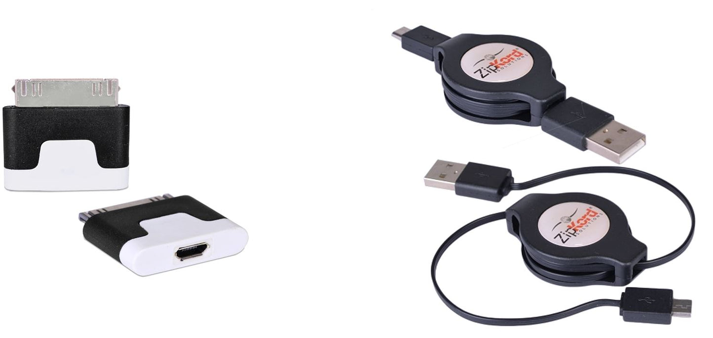 ZipKord Retractable USB 2.0 to USB Micro Charge & Sync Cable w/30-Pin Dock Connector Adapter (Black)