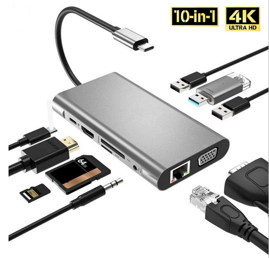 10 in1 Multiport Type C To USB-C 4K HDMI Adapter USB 3.0 Cable Hub