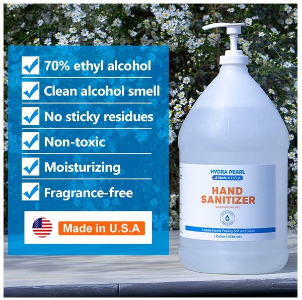 Hydra Pearl Hand Sanitizer Gel  3.8 Ltr - 70% Alcohol - Unscented - Made in USA 1 Gallon