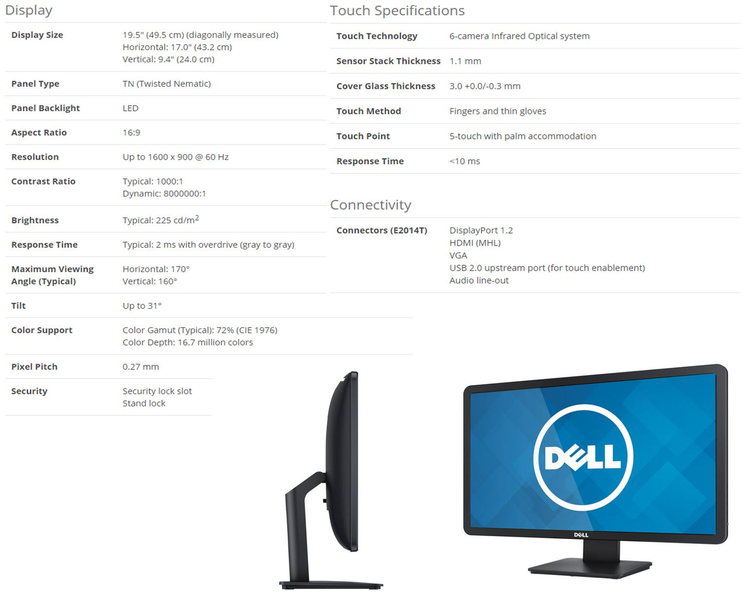Dell E2014T 19.5" LED LCD Touchscreen Monitor VGA HDMI DP USB