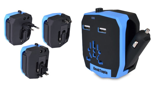Geektopia Armour Universal Travel Power Adapter w/2x USB Ports, DC Car Adapter & Retractable Prongs (Black/Blue)