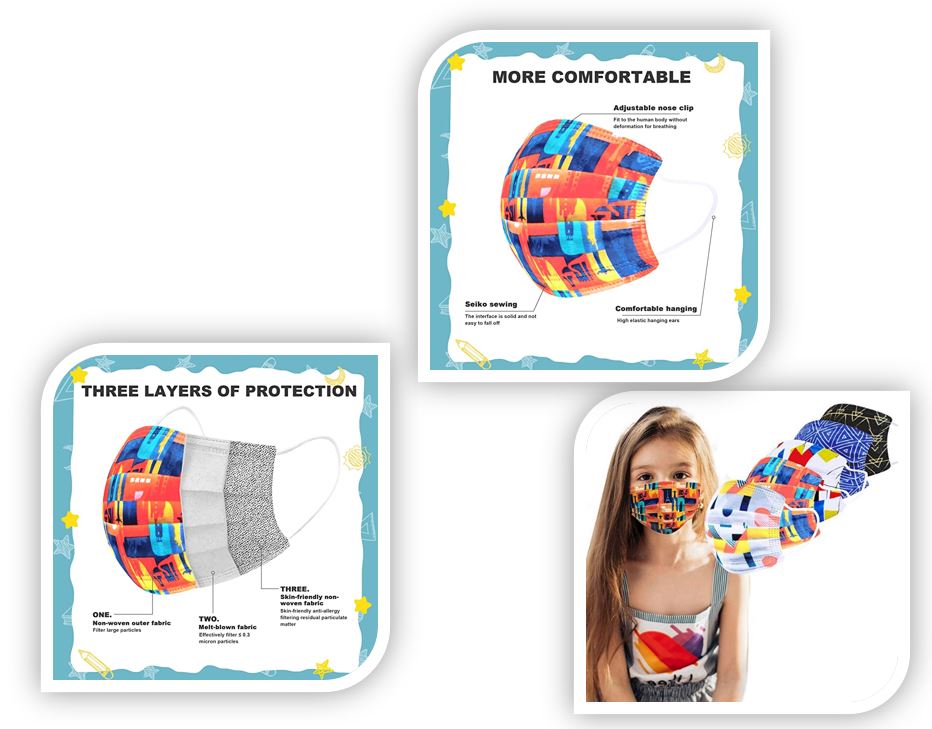 Sheal 100PCS Disposable Kids Face Masks Geometric Patterns Printed Design (Fit 6-12 Years Old Kids)