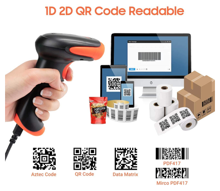 Wireless 2D QR Barcode Scanner with Stand, 3 in 1 Bluetooth & 2.4GHz Wireless & USB Wired, Connect Smart Phone Tablet PC, Image Bar Code Reader with Vibration Alert