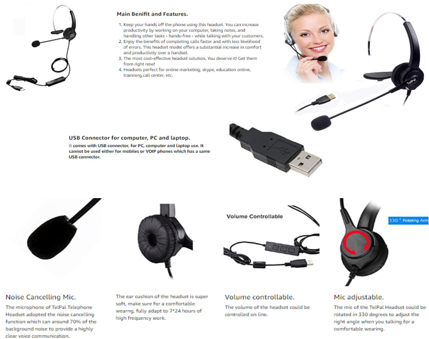 TelPal Desk Top Computer Headset for Call Center, Noise Cancellation Monoral Office USB Headset