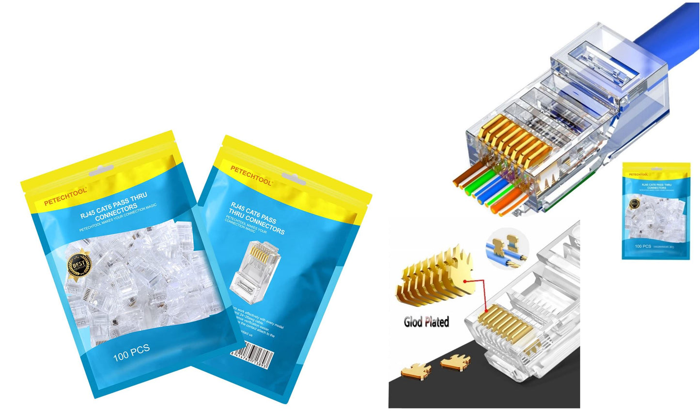 RJ45 Cat6 Cat5 Connector Ends Gold Plated 8P8C Ethernet Pass Through Plug(100Pack)