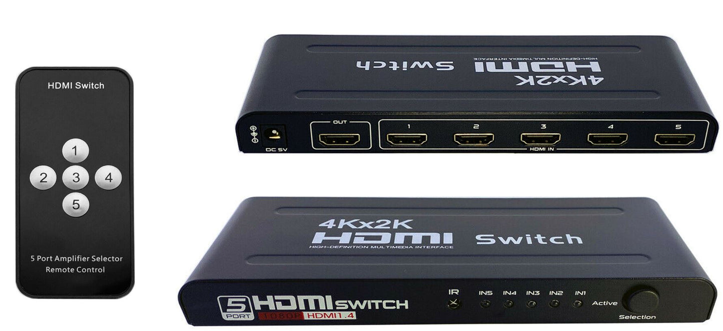 HDMI Switch 4K 1080P HDTV 5 In 1 Out Aluminum with Remote Control Power 5 Port